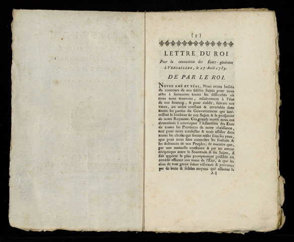 Lettre du roi imprimée pour la convocation des Etats-Généraux à Versailles, le 27 avril 1789, avec règlement annexé.