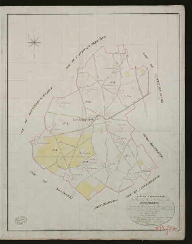 Jonquerets (Les). Tableau d'assemblage _ du Plan Parcellaire de la Commune de Jonquerets. _ Canton de Beaumesnil - Bernay - Eure. _ Terminé sur le terrain le 12 juin 1833 sous l'administration de M. A. Passy, Préfet _ M. Pillet maire _ en sous la Direction de M. Marel, Directeur des Contributions directes. _ M. Le Fébure, Géomètre Chef. _ Par M. Depeilly, Géomètre de 1re classe.
