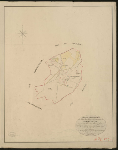 Franqueville. Tableau d'assemblage du Plan Parcellaire de la Commune de Franqueville. _ Canton de Brionne - Bernay - Eure. _ Terminé sur le terrain en mars 1827, sous l'administration de M. Le Vicomte Raymond Delaitre, Préfet - M. Bourdon, Maire et sous la direction de M. Hurtelle, Directeur des Contributions directes. _ M. Hautier, Géomètre en Chef. _ Par M. Chainot, Géomètre de 1re classe