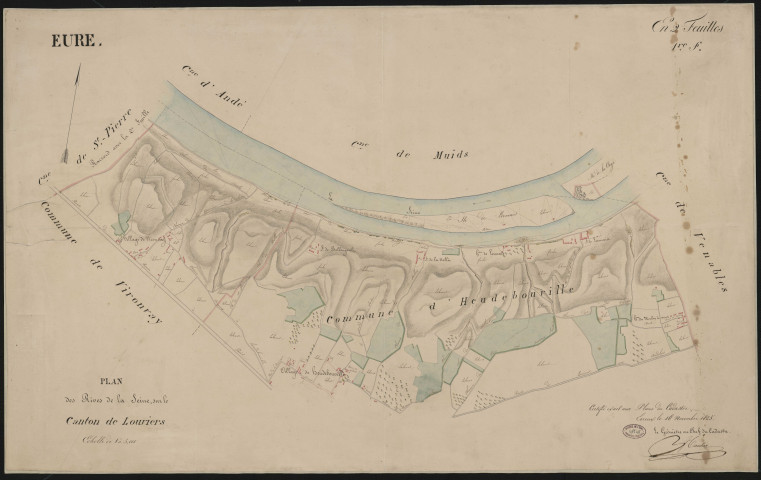 Cours de la Seine de Muids, Portejoie à Andé - Plan des rives de la Seine sur le canton de Louviers.