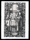 Vitrail intitulé « la présentation des manuscrits représentant l'abbé Bretocq et son ami le chanoine Le Fournier.