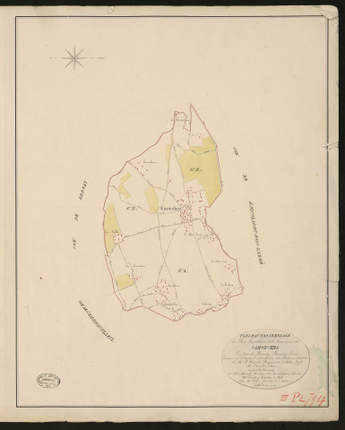 Caorches. Tableau d'assemblage du Plan Parcellaire de la Commune de Cahorches _ Canton de Bernay - Bernay - Eure. _ Terminé sur le terrain le 25 avril 1830, sous l'administration de M. Le Vicomte Raymond Delaitre, Préfet - M. Trinité, Maire et sous la direction de M. Marel, Directeur des Contributions directes. _ M. Hautier, Géomètre en Chef. _ Par M. Folin, Géomètre de 1re classe