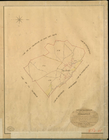 Emalleville. Tableau d'assemblage _ du Plan Parcellaire de la Commune d'Emailleville _ Canton de Evreux (nord) - Evreux - Eure. _ Terminé sur le Terrain le 29 Aout 1841 , sous l'administration de M. de Monicault, Préfet _ M. Delacour, Maire _ sous la Direction de M. Garnier, Directeur des Contributions directes _ M. Le Fébure, Géomètre en Chef. _ Par M. Piedevant, Géomètre de 1re classe.
