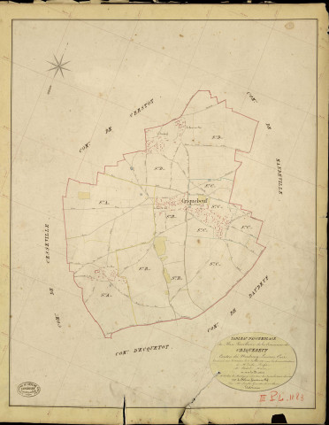 Criquebeuf-la-Campagne. Tableau d'assemblage _ du Plan Parcellaire de la Commune de Criquebeuf _ Canton de Neubourg - Louviers - Eure. _ Terminé sur le Terrain le 6 Juillet 1845, sous l'administration de M. Zédé, Préfet _ M. Châtel, Maire _ et sous la Direction de M. Violas de Matigny, Directeur des Contributions directes _ M. Le Fébure, Géomètre en Chef. _ Par M. Lenglet, Géomètre de 1re classe.