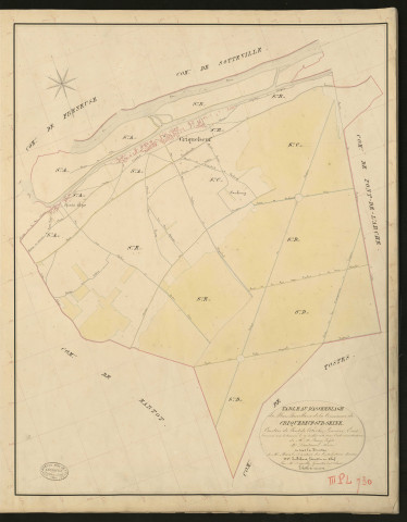 Criquebeuf-sur-Seine. Tableau d'assemblage _ du Plan Parcellaire de la Commune de Criquebeuf-sur-Seine. _ Canton de Pont-de-l'Arche - Louviers - Eure. _ Terminé sur le terrain le 19 juillet 1834 sous l'administration de M. A. Passy, Préfet _ M. Dautresne, maire _ en sous la Direction de M. Marel, Directeur des Contributions directes. _ M. Le Fébure, Géomètre Chef. _ Par M. Depoilly, Géomètre de 1re classe.