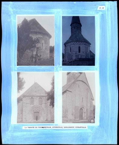 "Histoire générale du diocèse d'Évreux" du chanoine Bonnenfant tome I, planche IV églises de La Trinité-de-Thouberville (Eure), de Cuverville (Eure), de Quillebeuf-sur-Seine et de Duranville (Eure).