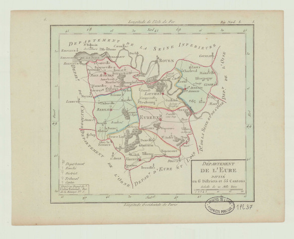 Carte du département de l'Eure divisé en 6 districts et 55 cantons