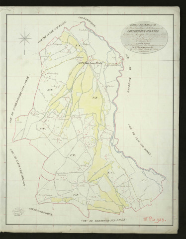 Saint-Philbert-Sur-Risle. Tableau d'assemblage _ du Plan Parcellaire de la Commune de Saint Philbert sur Risle _ Canton de Montfort - Pontaudemer - Eure. _ Terminé sur le Terrain le 23 février 1832, sous l'administration de M. A Passy, Préfet _ M.Duval, Maire _ sous la Direction de M.Marel, Directeur des Contributions directes _ M. Le Fébure, Géomètre en Chef. _ Par M. Lefebure, Géomètre de 1re classe.