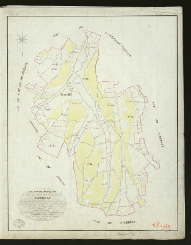 Tourville-sur-Pont-Audemer. Tableau d'assemblage _ du Plan Parcellaire de la Commune de Tourville _ Canton de Pontaudemer - Pontaudemer - Eure. _ Terminé sur le Terrain le 25 avril 1832, sous l'administration de M. A Passy, Préfet _ M.Tourville, Maire _ sous la Direction de M. Marel, Directeur des Contributions directes _ M. Le Fébure, Géomètre en Chef. _ Par M. Girard, Géomètre de 1re classe.