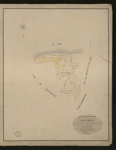 Carbec-Grestain. Tableau d'assemblage _ du Plan Parcellaire de la Commune de Carbec-Grestain _ Canton de Beuzeville - Pontaudemer - Eure. _ Terminé sur le terrain le 22 décembre 1833, sous l'administration de M. A Passy, Préfet _ M. Guérard, maire _ en sous la Direction de M. Marel, Directeur des Contributions directes. _ M. Le Fébure, Géomètre en Chef. _ Par M. Caffin, Géomètre de 1re classe.