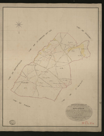 Boulleville. Tableau d'assemblage _ du Plan Parcellaire de la Commune de Boulleville _ Canton de Beuzeville - Pontaudemer - Eure. _ Terminé sur le terrain le 15 octobre 1833, sous l'administration de M. A Passy, Préfet _ M. Delabarre, maire _ en sous la Direction de M. Marel, Directeur des Contributions directes. _ M. Le Fébure, Géomètre en Chef. _ Par M. Gérard, Géomètre de 1re classe.