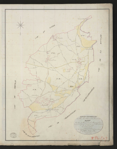 Ajou. Tableau d'assemblage _ du Plan Parcellaire de la Commune d'Ajou. _ Canton de Beaumesnil - Bernay - Eure. _ Terminé sur le terrain le 28 août 1834 sous l'administration de M. A. Passy, Préfet _ M. Dubost, maire _ en sous la Direction de M. Marel, Directeur des Contributions directes. _ M. Le Fébure, Géomètre Chef. _ Par M. Horel, Géomètre de 1re classe.