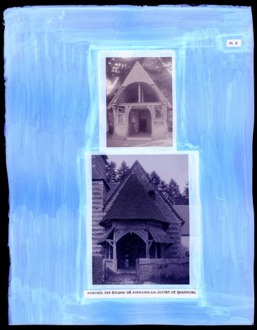 "Histoire générale du diocèse d'Évreux" du chanoine Bonnenfant tome I, planche X églises de Fontaine-la-Louvet (Eure) et de Beauficel (Eure), porches.