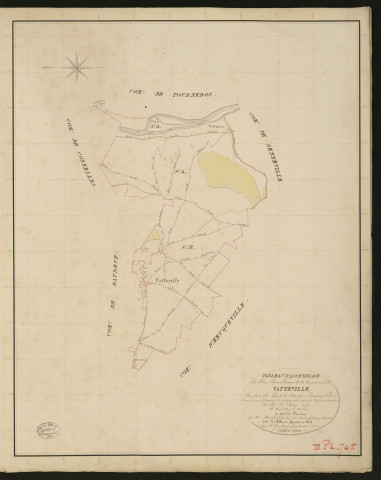 Vatteville. Tableau d'assemblage _ du Plan Parcellaire de la Commune de Vatteville. _ Canton de Pont-de-l'Arche - Louviers - Eure. _ Terminé sur le terrain le 29 septembre 1834 sous l'administration de M. A. Passy, Préfet _ M. Amette, maire _ en sous la Direction de M. Marel, Directeur des Contributions directes. _ M. Le Fébure, Géomètre Chef. _ Par M. Gondevin, Géomètre de 1re classe.