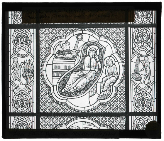 Cathédrale Notre-Dame de Fourvière à Lyon (Rhône), dessin du vitrail de "la Rédemption, naissance de Jésus".