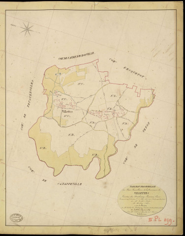 Villettes. Tableau d'assemblage _ du Plan Parcellaire de la Commune de Villettes _ Canton de Neubourg - Louviers - Eure. _ Terminé sur le Terrain le 28 Juin 1845, sous l'administration de M. Zédé, Préfet _ M. Meslay, Maire _ et sous la Direction de M. Violas de Martigny, Directeur des Contributions directes _ M. Le Fébure, Géomètre en Chef. _ Par M. Ledanois, Géomètre de 1re classe.