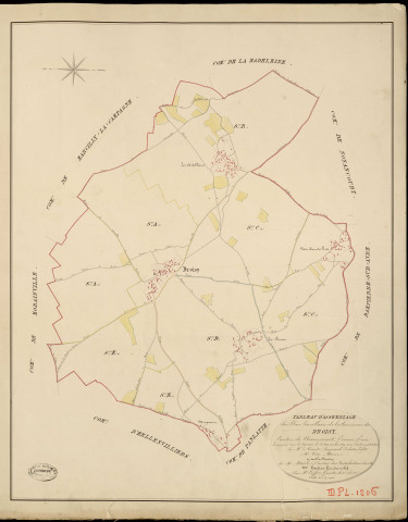 Droisy. Tableau d'assemblage _ du Plan Parcellaire de la Commune de Droisy _ Canton de Nonancourt - Evreux - Eure. _ Terminé sur le Terrain le 30 Novembre 1829, sous l'administration de M. Le Vicomte Raymond Delaitre, Préfet _ M. Vicq, Maire _ et sous la Direction de M. Marel, Directeur des Contributions directes _ M. Hautier, Géomètre en Chef. _ Par M. Caffin, Géomètre de 1re classe.