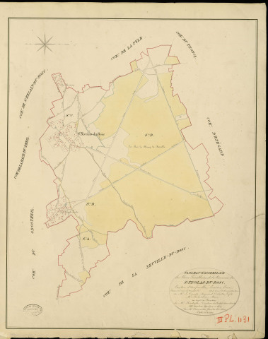 Saint-Nicolas-du-Bosc. Tableau d'assemblage _ du Plan Parcellaire de la Commune de St Nicolas-du-Bosc _ Canton d'Amfreville - Louviers - Eure. _ Terminé sur le Terrain en 1828 , sous l'administration de M. Le Vicomte Raymond Delaître , Préfet _ M. Delamare, Maire _ sous la Direction de M.Hurtrelle, Directeur des Contributions directes _ M. Hautier, Géomètre en Chef. _ Par M. Charpentier, Géomètre de 1re classe.