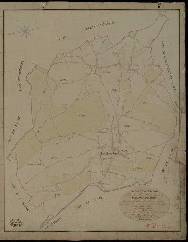 Marcilly-sur-Eure. Tableau d'assemblage _ du Plan Parcellaire de la Commune de Marcilly-sur-Eure _ Canton de Saint André - Evreux - Eure. _ Terminé sur le Terrain le 12 Septembre 1837, sous l'administration de M. Passy, Préfet _ M. Fourrey, Maire _ et sous la Direction de M. Marel, Directeur des Contributions directes _ M. Le Fébure, Géomètre en Chef. _ Par M. Le Grain, Géomètre de 1re classe.
