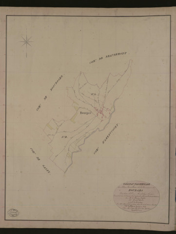 Fourges. Tableau d'assemblage du Plan Parcellaire de la Commune de Fourges. _ Canton d'Ecos - Andelys - Eure. _ Terminé sur le terrain le 16 septembre 1836, sous l'administration de M. A Passy, Préfet - M. Goret, Maire et sous la direction de M. Marel, Directeur des Contributions directes. _ M. Le Fébure, Géomètre en Chef. _ Par M. Depoilly, Géomètre de 1re classe