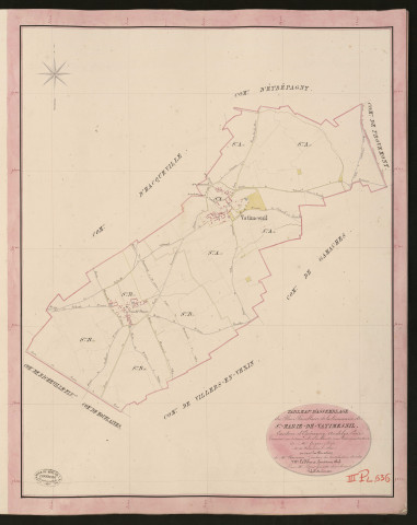 Sainte-Marie-de-Vatimesnil. Tableau d'assemblage du Plan Parcellaire de la Commune de Sainte-Marie-de-Vatimesnil. _ Canton d'Etrépagny - Andelys - Eure. _ Terminé sur le terrain le 18 juillet 1850, sous l'administration de M. Guyot, Préfet - M. de Vatimesnil, Maire et sous la direction de M. Chauveau, Directeur des Contributions directes. _ M. Le Fébure, Géomètre en Chef. _ Par M. Pizier, Géomètre de 1re classe