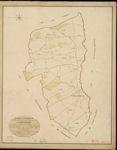 Saint-Ouen-d'Attez. Tableau d'assemblage _ du Plan Parcellaire de la Commune de Saint Ouen-d'Attel _ Canton de Breteuil - Evreux - Eure. _ Terminé sur le Terrain en 1829 , sous l'administration de M. Le Vicomte Raymond Delaître , Préfet _ M. védie, Maire _ sous la Direction de M.Boullenger, Directeur des Contributions directes _ M. Hautier, Géomètre en Chef. _ Par M. Lecerf, Géomètre de 1re classe.