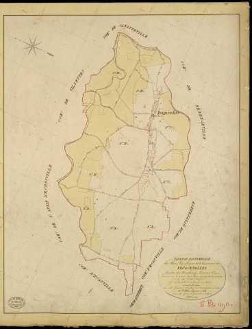 Feuguerolles. Tableau d'assemblage _ du Plan Parcellaire de la Commune de Feuguerolles _ Canton de Neubourg - Louviers - Eure. _ Terminé sur le Terrain le 20 Mars 1845, sous l'administration de M. Zédé, Préfet _ M. De la Salle Derochemaure, Maire _ et sous la Direction de M. Garnier, Directeur des Contributions directes _ M. Le Fébure, Géomètre en Chef. _ Par M. Girard, Géomètre de 1re classe.