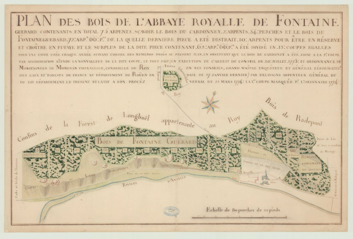 Radepont - 1- "Plan des bois de l'abbaye royale de Fontaine-Guérard". * 2- "Plan des bois de l'abbaye royale de Fontaine-Guérard". * 3- "Plan géométrique des bois, terres labourables…". *