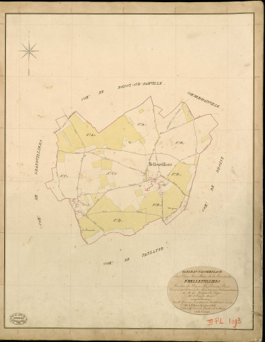 Hellenvilliers. Tableau d'assemblage _ du Plan Parcellaire de la Commune d'Hellenvilliers _ Canton de Damville - Evreux - Eure. _ Terminé sur le Terrain le 7 Juin 1839 , sous l'administration de M. de Monicault, Préfet _ M. d'Erard, Maire _ sous la Direction de M. Garnier, Directeur des Contributions directes _ M. Le Fébure, Géomètre en Chef. _ Par M. Drouet, Géomètre de 1re classe.