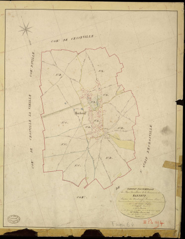Marbeuf. Tableau d'assemblage _ du Plan Parcellaire de la Commune de Marbeuf _ Canton de Neubourg - Louviers - Eure. _ Terminé sur le Terrain le 27 Décembre 1843, sous l'administration de M. Zédé, Préfet _ M. Dugard, Maire _ et sous la Direction de M. Garnier, Directeur des Contributions directes _ M. Le Fébure, Géomètre en Chef. _ Par M. Lebure, Géomètre de 1re classe.