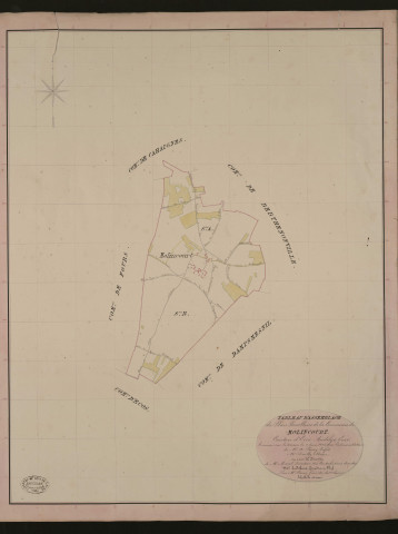 Molincourt. Tableau d'assemblage du Plan Parcellaire de la Commune de Molincourt. _ Canton d'Ecos - Andelys - Eure. _ Terminé sur le terrain le 2 juin 1836, sous l'administration de M. A Passy, Préfet - M. Dailly, Maire et sous la direction de M. Marel, Directeur des Contributions directes. _ M. Le Fébure, Géomètre en Chef. _ Par M. Canu, Géomètre de 1re classe