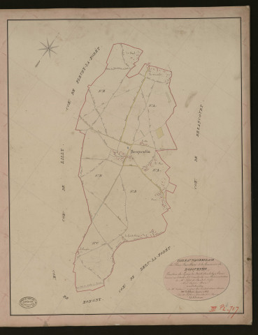 Bosquentin. Tableau d'assemblage du Plan Parcellaire de la Commune de Bosquentin _ Canton de Lyons-la-Forêt - Andelys - Eure. _ Terminé sur le terrain le 3 décembre 1847, sous l'administration de M. Petit de Bantel, Préfet - M. Delesque, Maire et sous la direction de M. Violas, Directeur des Contributions directes. _ M. Le Fébure, Géomètre en Chef. _ Par M. Lefebvre, Géomètre de 1re classe