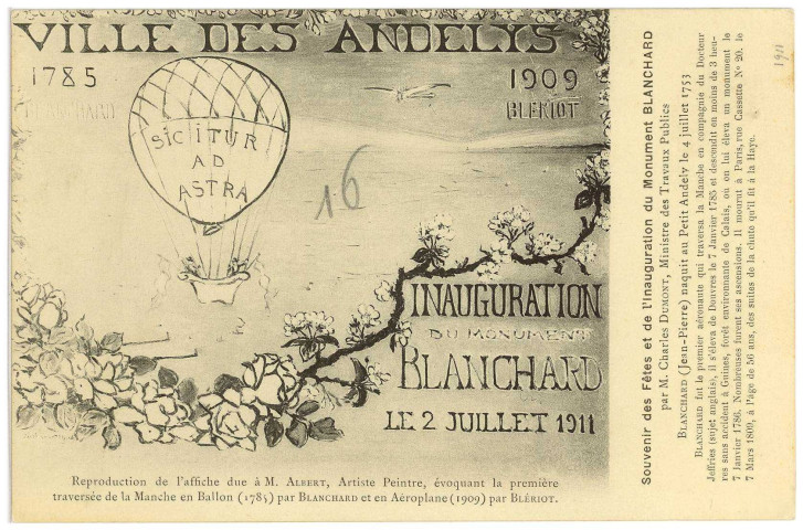 Andelys (Les). Inauguration du Monument Blanchard le 2 juillet 1911. Reproduction de l'affiche due à M. Albert, Artiste Peintre, évoquant la première traversée de la Manche en Ballon (1785) par Blanchard et en Aéroplane (1919) par Blériot.
