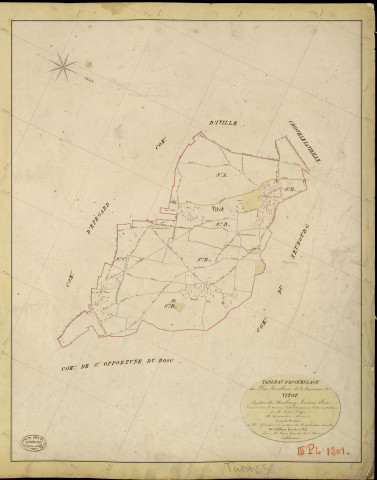 Vitot. Tableau d'assemblage _ du Plan Parcellaire de la Commune de Vitot _ Canton de Neubourg - Louviers - Eure. _ Terminé sur le Terrain le 18 Juin 1844, sous l'administration de M. Zédé, Préfet _ M. Dumoulin, Maire _ et sous la Direction de M. Garnier, Directeur des Contributions directes _ M. Le Fébure, Géomètre en Chef. _ Par M. Canu, Géomètre de 1re classe.