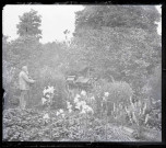 Vieil homme arrosant ses fleurs dans un potager avec des ruches. (Même personne que 9355).