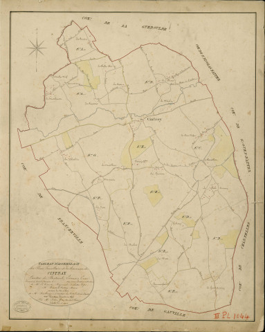 Cintray. Tableau d'assemblage _ du Plan Parcellaire de la Commune de Cintray _ Canton de Breteuil - Evreux - Eure. _ Terminé sur le Terrain en 1829 , sous l'administration de M. Le Vicomte Raymond Delaître , Préfet _ M. Roussel-Cintray, Maire _ sous la Direction de M.Boullenger, Directeur des Contributions directes _ M. Hautier, Géomètre en Chef. _ Par M. Folin, Géomètre de 1re classe.