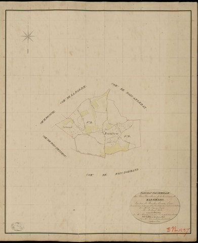 Marnières. Tableau d'assemblage _ du Plan Parcellaire de la Commune de Marnières _ Canton de Rugles - Evreux - Eure. _ Terminé sur le Terrain le 26 Avril 1835, sous l'administration de M. A Passy, Préfet _ M. Metton, Maire _ et sous la Direction de M. Marel, Directeur des Contributions directes _ M. Le Fébure, Géomètre en Chef. _ Par M. Renault, Géomètre de 1re classe.
