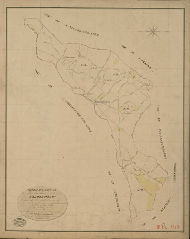 Armentières-sur-Avre. Tableau d'assemblage _ du Plan Parcellaire de la Commune d'Armentières _ Canton de Verneuil - Evreux - Eure. _ Terminé sur le Terrain le 25 Octobre 1835, sous l'administration de M. A. Passy, Préfet _ M. Guilbout, Maire _ et sous la Direction de M. Marel, Directeur des Contributions directes _ M. Le Fébure, Géomètre en Chef. _ Par M. Lefebure, Géomètre de 1re classe.