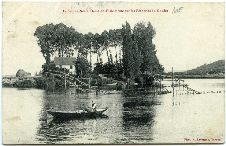 Notre-Dame-de-l'Isle. La Seine à Notre-Dame-de-l'Isle et vue sur les Pêcheries du Goulet.