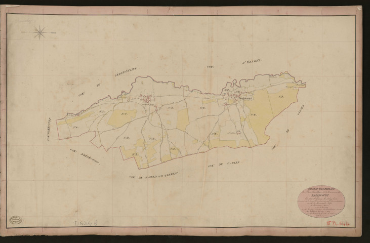 Bazincourt-sur-Epte. Tableau d'assemblage du Plan Parcellaire de la Commune de Bazincourt. _ Canton de Gisors - Andelys - Eure. _ Terminé sur le terrain le 10 mars 1841, sous l'administration de M. de Monicault, Préfet - M. Heurteux, Maire et sous la direction de M. Garnier, Directeur des Contributions directes. _ M. Le Fébure, Géomètre en Chef. _ Par M. Piedevant, Géomètre de 1re classe
