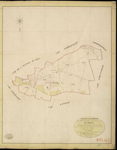 Troncq (Le). Tableau d'assemblage _ du Plan Parcellaire de la Commune du Troncq _ Canton de Neubourg - Louviers - Eure. _ Terminé sur le Terrain le 29 Décembre 1844, sous l'administration de M. Zédé, Préfet _ M. Fromont, Maire _ et sous la Direction de M. Garnier, Directeur des Contributions directes _ M. Le Fébure, Géomètre en Chef. _ Par M. Pizier, Géomètre de 1re classe.