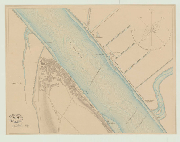 Quillebeuf _ Plan simplifié de la ville avec "courbe indicatrice de la fréquence relative des vents".