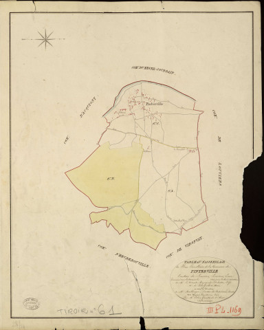 Pinterville. Tableau d'assemblage _ du Plan Parcellaire de la Commune de Pinterville _ Canton de Louviers - Louviers - Eure. _ Terminé sur le Terrain en 1823, sous l'administration de M. Le Vicomte Raymond Delaitre, Préfet _ M. Bois Guilbert, Maire _ et sous la Direction de M. Boullenger, Directeur des Contributions directes _ M. Hautier, Géomètre en Chef. _ Par M. Folin, Géomètre de 1re classe.