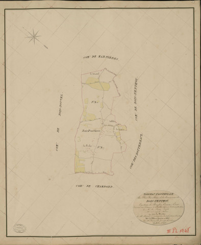 Bois-Penthou (Le). Tableau d'assemblage _ du Plan Parcellaire de la Commune de Bois-Penthou _ Canton de Rugles - Evreux - Eure. _ Terminé sur le Terrain le 20 Juillet 1834, sous l'administration de M. A Passy, Préfet _ M. Danois, Maire _ et sous la Direction de M. Marel, Directeur des Contributions directes _ M. Lefébure, Géomètre en Chef. _ Par M. Renault, Géomètre de 1re classe.