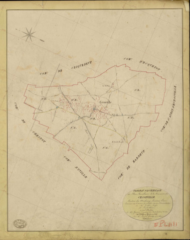Cesseville. Tableau d'assemblage _ du Plan Parcellaire de la Commune de Cesseville _ Canton de Neubourg - Louviers - Eure. _ Terminé sur le Terrain le 11 Octobre 1842, sous l'administration de M. Zédé, Préfet _ M. Loisel, Maire _ et sous la Direction de M. Garnier, Directeur des Contributions directes _ M. Le Fébure, Géomètre en Chef. _ Par M. Lenglet, Géomètre de 1re classe.