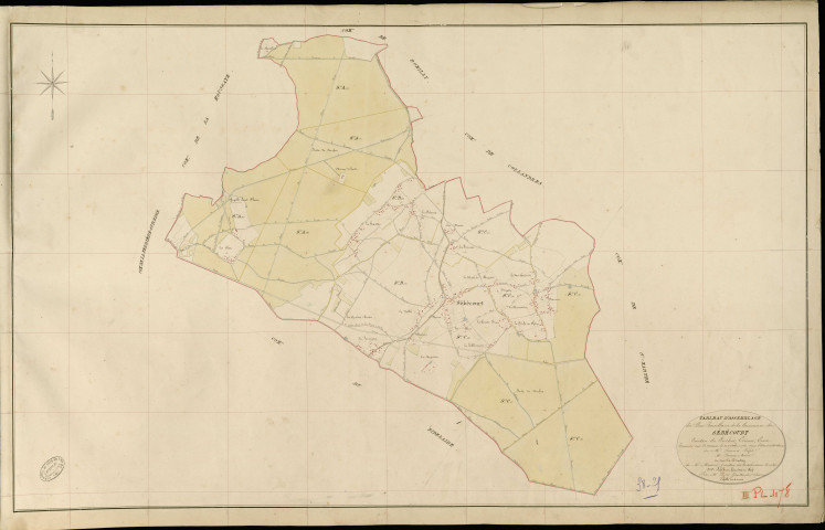 Sébécourt. Tableau d'assemblage _ du Plan Parcellaire de la Commune de Sébécourt _ Canton de Conches - Evreux - Eure. _ Terminé sur le Terrain le 20 Octobre 1856 , sous l'administration de M. Janvier, Préfet _ M. Leroux, Maire _ sous la Direction de M. Masson, Directeur des Contributions directes _ M. Lefébure, Géomètre en Chef. _ Par M. Pizier, Géomètre de 1re classe.