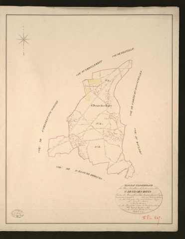 Saint-Denis-des-Monts. Tableau d'assemblage _ du Plan Parcellaire de la Commune de Saint-Denis-des-Monts _ Canton de Bourgtheroulde - Pontaudemer - Eure. _ Terminé sur le terrain en 1828, sous l'administration de M.le Vicomte Raymond Delaitre, Préfet _ M. Lejeune, maire _ en sous la Direction de M. Hurtrelle, Directeur des Contributions directes. _ M. Hautier, Géomètre en Chef. _ Par M. Lenglet, Géomètre de 1re classe.