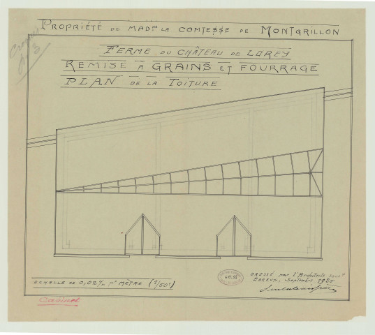 Breuilpont _"Ferme du château de Lorey. Propriété de Mme la comtesse de Montgrillon. Remise à grains et fourrage".