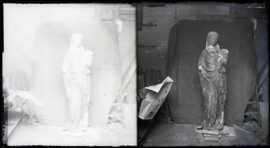 Statue de Vierge à l'enfant en pierre de l'église Notre-Dame de Beauficel-en-Lyons (Eure, France).