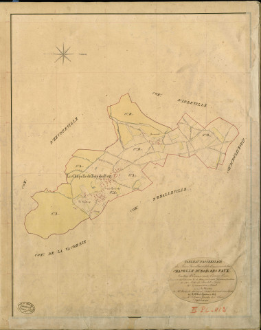 Chapelle-du-bois-des-Faulx (La). Tableau d'assemblage _ du Plan Parcellaire de la Commune du Chapelle du Bois des Faux _ Canton de Evreux (nord) - Evreux - Eure. _ Terminé sur le Terrain le 25 Mars 1844 , sous l'administration de M. Petit de Bantel, Préfet _ M. Desormieux, Maire _ sous la Direction de M. Violas de Martigny, Directeur des Contributions directes _ M. Le Fébure, Géomètre en Chef. _ Par M. Le Grain, Géomètre de 1re classe.